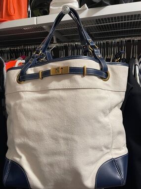 Canvas Tote Bag with Navy Trim - Elegant Everyday Shoulder Bag